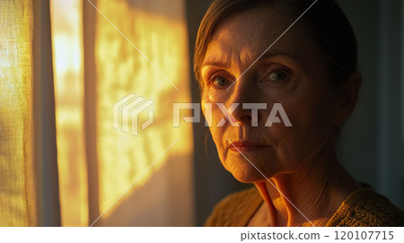 Senior Woman in Warm Light, Reflective Mood 120107715