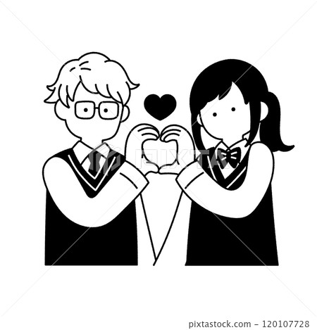 Monochrome illustration of a friendly pair [male and female] in school uniforms making a heart with their hands 120107728