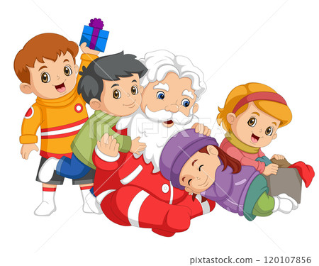 Santa Claus sits with the children, tells stories and gives out gifts. Merry Christmas and happy New Year. Funny cartoon character. Vector illustration. Isolated on white background of illustration 120107856