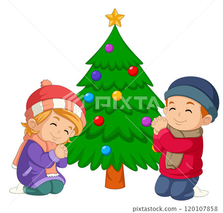two little boys praying on their knees on Christmas day with a big Christmas tree in the background of illustration 120107858