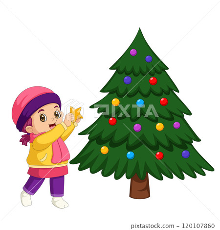 happy cute kid girl decorates christmas tree. Funny cartoon character. Vector illustration. Isolated on white background of illustration 120107860