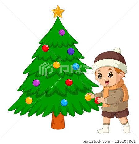 happy cute kid boy decorates christmas tree. Funny cartoon character. Vector illustration. Isolated on white background of illustration happy cute kid boy decorates christmas tree. Funny cartoon character. Vector illustration. Isolated on white background of illustration 120107861