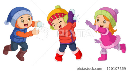 Happy children cartoon wearing winter clothes and playing snowball of illustration 120107869