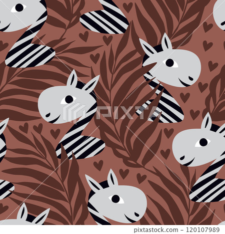Vector seamless pattern with zebras among foliage 120107989