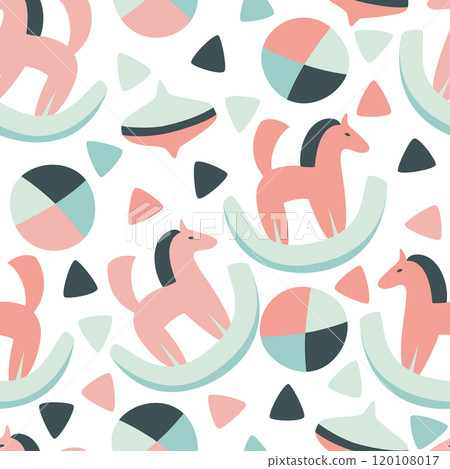 Childrens vector seamless pattern with balls and toys horses 120108017