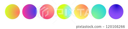 Rounded holographic gradient sphere. Multicolor green purple yellow orange pink cyan fluid circle gradients, colorful soft round buttons or vivid color spheres flat set. Rounded holographic gradient sphere. Multicolor green purple yellow orange pink cyan fluid circle gradients, colorful soft round buttons or vivid color spheres flat set. 120108266