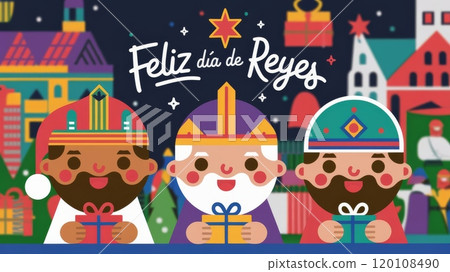 Illustration of Three Kings holding gifts against a night cityscape with the text Feliz Dia de Reyes Illustration of Three Kings holding gifts against a night cityscape with the text Feliz Dia de Reyes 120108490