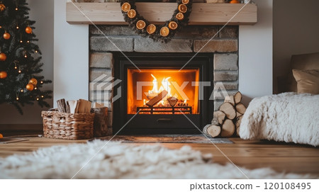 Rustic fireplace with holiday garland made of dried orange slices, and a glowing Christmas tree Rustic fireplace with holiday garland made of dried orange slices, and a glowing Christmas tree 120108495