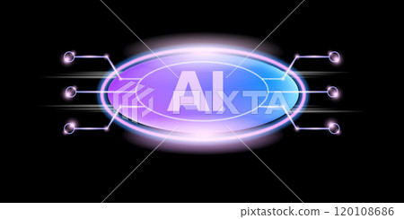 Artificial intelligence chipset on black board in futuristic neon cyber punk concept technology artwork for web, banner, card, cover. Vector AI chip logo design template Artificial intelligence chipset on black board in futuristic neon cyber punk concept technology artwork for web, banner, card, cover. Vector AI chip logo design template 120108686