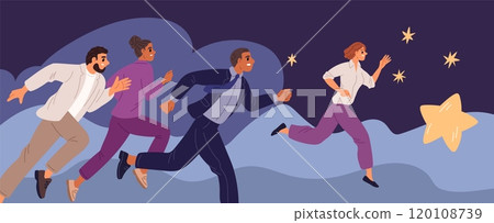 Business competition. People racing to goal. Workers compete in speed. Professional realisation. Office persons running and overcoming obstacles. Employees rivalry. Garish vector concept 120108739