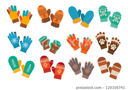 Cartoon winter mittens. Gloves pairs. Woolen hand wear. Cold season patterner accessories. Knitted fashion. Garment ornaments. Arm soft wooly mitts. Clothing elements. Splendid vector set Cartoon winter mittens. Gloves pairs. Woolen hand wear. Cold season patterner accessories. Knitted fashion. Garment ornaments. Arm soft wooly mitts. Clothing elements. Splendid vector set 120108741