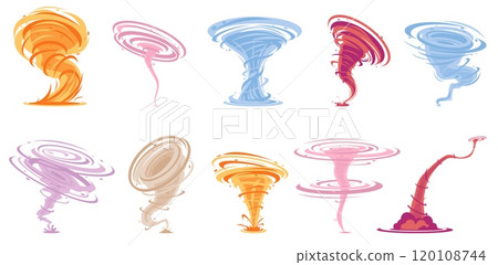 Color tornadoes. Twisted winds effects. Storm swirl airs. Dangerous natural twister. Climate phenomenon. Cartoon vortexes and spiral typhoons. Magic bright whirlwind funnels vector set Color tornadoes. Twisted winds effects. Storm swirl airs. Dangerous natural twister. Climate phenomenon. Cartoon vortexes and spiral typhoons. Magic bright whirlwind funnels vector set 120108744