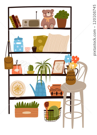 Garage sale things. Flea market products compositions. Vintage stuff arranging. Second Hand clothes and furniture. Fair bazaar shelf. Rack with interior stuffs. Garish vector concept 120108745