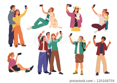 Photos self portraits. People take selfies on smartphones front camera. Smiling young men and women. Friends groups and happy couples. Persons shooting photography. Garish vector set 120108759
