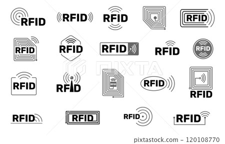 Radio frequency icons. Identification signs. Privacy and protection elements. Chip and antenna line. Wireless control tracking. Identify microchip pictogram. Vector line symbols set 120108770