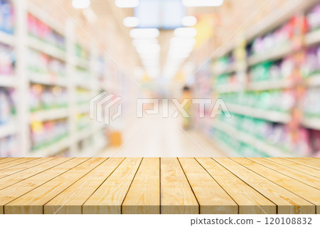 Empty wood table top with supermarket blurred background for product display Empty wood table top with supermarket blurred background for product display 120108832