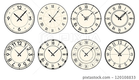 Retro round clock faces. Vintage watch design. Elegant antique dials. Timer with Roman or Arabic numerals. Decorative carved arrows. Mechanical chronometer. Vector classic timepieces set Retro round clock faces. Vintage watch design. Elegant antique dials. Timer with Roman or Arabic numerals. Decorative carved arrows. Mechanical chronometer. Vector classic timepieces set 120108833