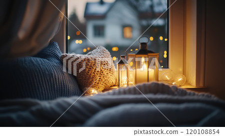 Cozy winter window sill with mini christmas lanterns and soft textiles 120108854
