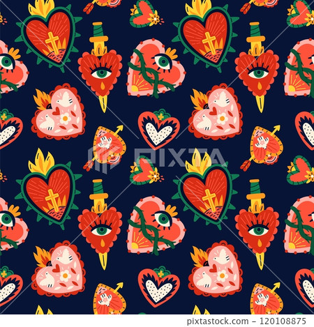 Sacred Mexican hearts seamless pattern. Traditional mystic symbols. Repeated print. Dead Day decorative elements. Spiritual fire flame. Religion cross and knife. Garish vector background Sacred Mexican hearts seamless pattern. Traditional mystic symbols. Repeated print. Dead Day decorative elements. Spiritual fire flame. Religion cross and knife. Garish vector background 120108875
