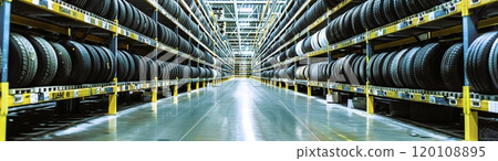 A large warehouse that is completely filled with many tires on shelves 120108895