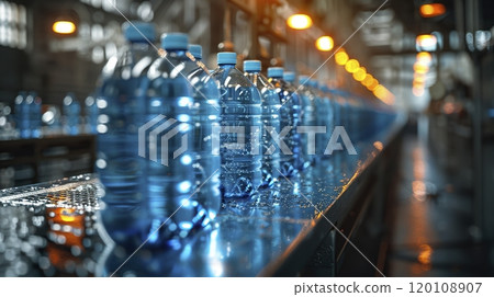 A conveyor belt filled with multiple bottles of water in a factory 120108907