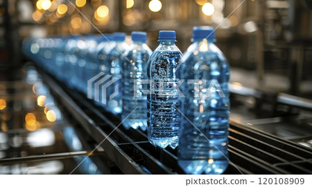 A conveyor belt filled with multiple bottles of water in a factory 120108909