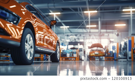 A car is parked and resting on a lift inside a spacious garage 120108913