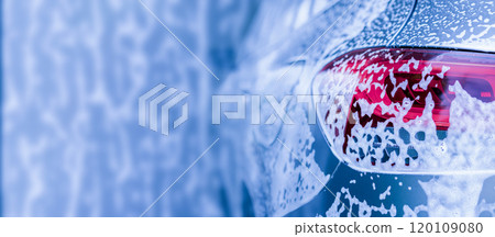 car cleaning and washing with foam soap background 120109080