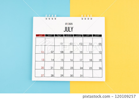 July 2025 calendar on blue and yellow color background. 120109257
