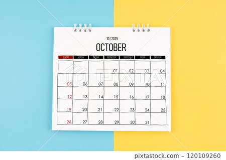 October 2025 calendar on blue and yellow color background. 120109260