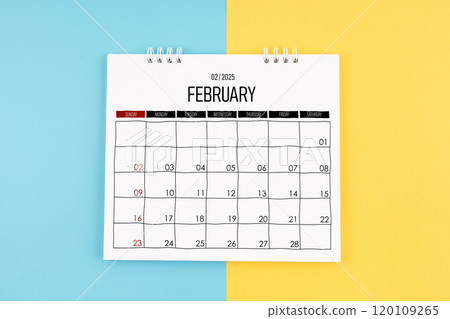 February 2025 calendar on blue and yellow color background. 120109265