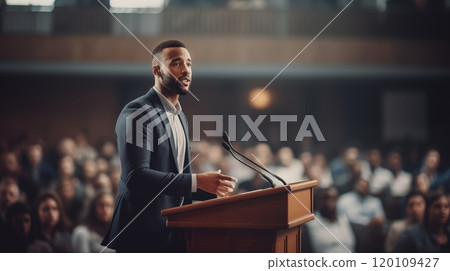 A confident speaker captivates a focused audience during a presentation in a grand auditorium. AI Generated A confident speaker captivates a focused audience during a presentation in a grand auditorium. AI Generated 120109427