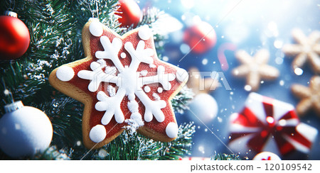 Snowflake cookie decorated with sweet sugar icing. Festive background backdrop postcard wallpaper New Year decoration Christmas 120109542