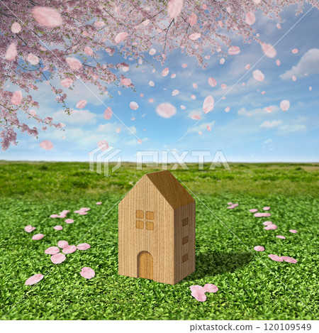 A wooden miniature house, an image of a new life starting in spring 120109549