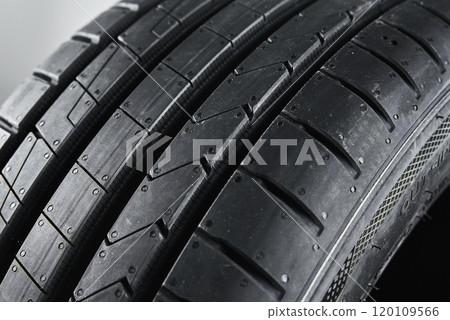 Detailed close up of tread pattern on new summer car tire 120109566