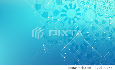 Abstract digital technology background with circuit board texture. Abstract gear wheel mechanism background. Engineering concept for poster, header, banner, website, presentation. 120109767