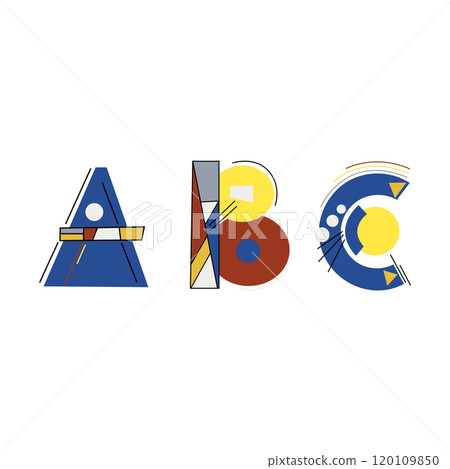 ABC alphabet letters in Kandinsky style for your design, vector image. Classic triad color combination. ABC alphabet letters in Kandinsky style for your design, vector image. Classic triad color combination. 120109850
