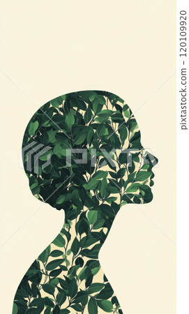 Profile of woman made from green leaves on pastel color background 120109920