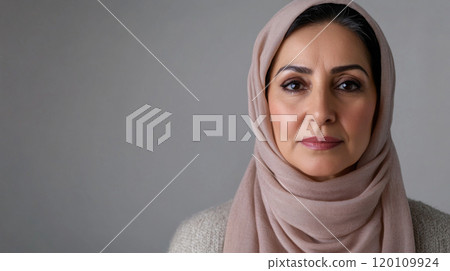 Elegant muslim middle aged woman in hijab, neutral background 120109924