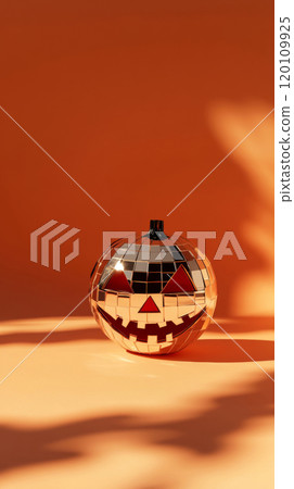 Pumpkin mirror ball in sunlight on the floor background with copy space 120109925