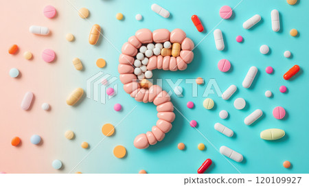 Intestines shape filled with various colorful pills on pink background, gut health concept 120109927
