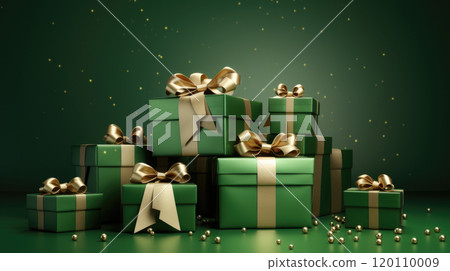 Festive green presents, shimmering gold bows, St. Patricks celebration 120110009