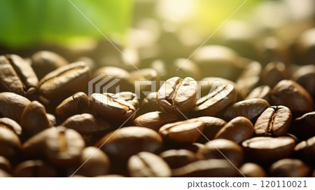 Close up of roasted coffee beans with a warm backlight background 120110021