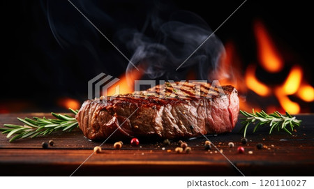 Grilled steak medium rare, rosemary, smoky flame background 120110027