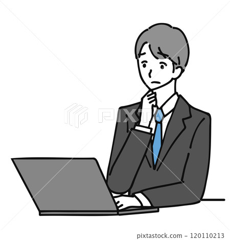 一個穿著西裝的男人在使用電腦時思考的線條畫插圖 120110213