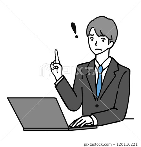 Line drawing illustration of a young businessman giving a warning while working on a computer 120110221