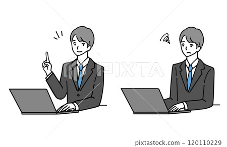 Before and after illustration of a businessman using a computer Before and after illustration of a businessman using a computer 120110229