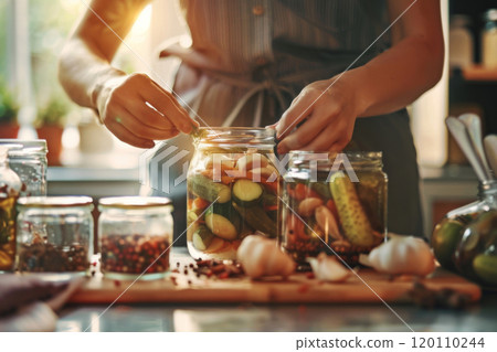Person preparing jars of homemade pickled vegetables in cozy kitchen 120110244