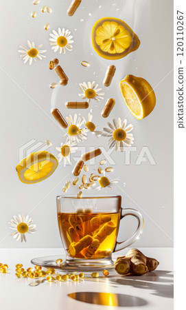 Cup of herbal tea with floating ingredients...-插圖素材 [120110267] - PIXTA圖庫