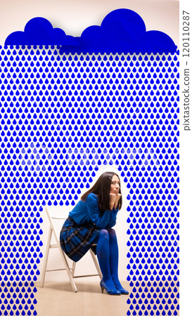 Woman dressed in blue siting on chair, surrounded by pattern of blue raindrops from cloud. Melancholy, patience, and resilience. Contemporary art collage. 120110287
